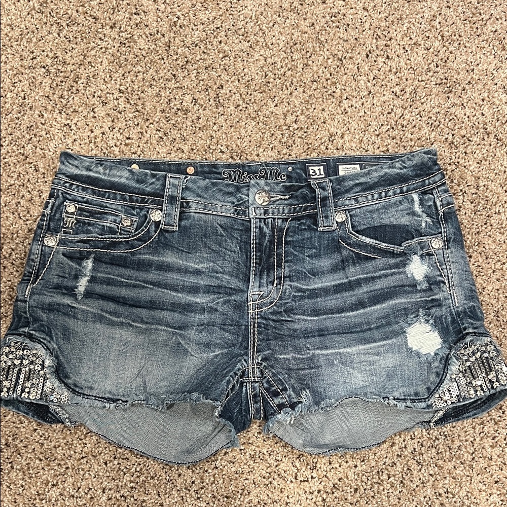 Miss Me Signature Distressed Denim Shorts with Sequin & Bling Trim size 31